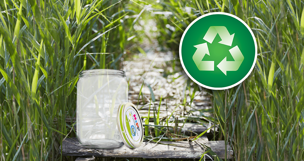 Na dřevěném prkně obklopeném zelenou trávou je umístěna skleněná nádoba z čirého skla s víčkem a na obrázku je zelený recyklační symbol.